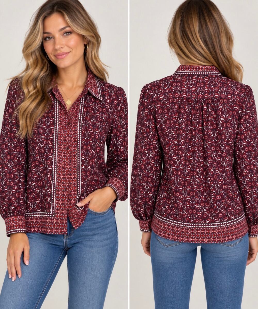Max Studio London XL Burgundy Boho Paisley Border Print Blouse NWT